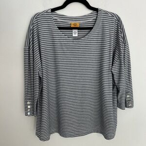 Rudy Rd Women's PXL Blue White Stripe 3/4 Button Sleeve Pull Over Casual Comfy